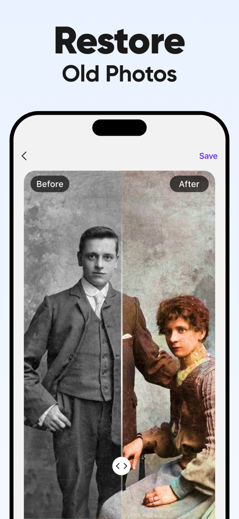 AI 복원 및 색상화 전후의 오래된 사진 비교