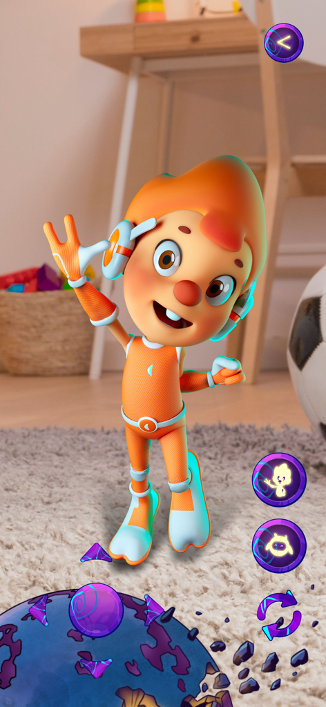 Pips comics - Personaje animado en 3D Pips apareciendo en una habitación a través de Realidad Aumentada