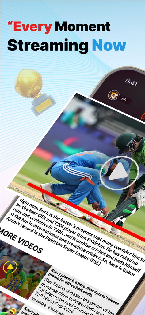 PTV Live Sports Cricket HD - Criko AI app interface showing a live cricket match stream and latest news articles