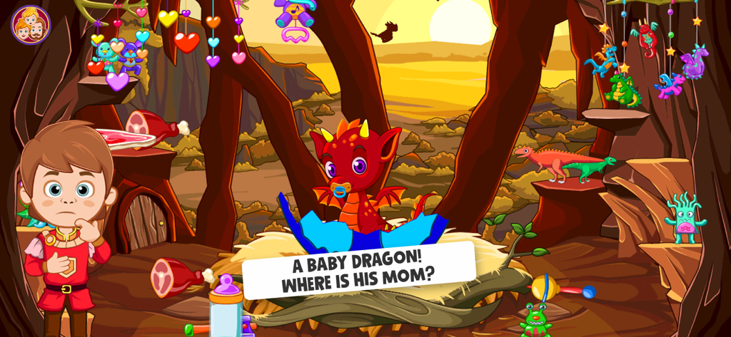 A red baby dragon hatching from a blue egg in a nest inside a cave