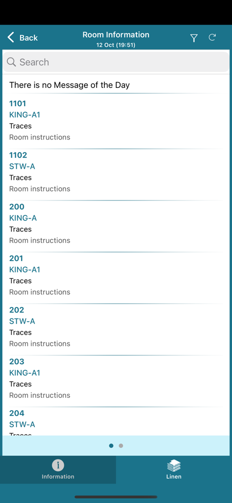 Room information screen in the KNOW HK app displaying a list of hotel rooms and cleaning details