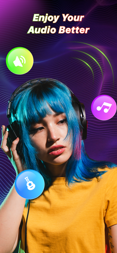 Volume Booster Bass Equalizer - Una donna con i capelli blu che indossa cuffie godendosi una qualità audio migliorata con l'app Volume Booster