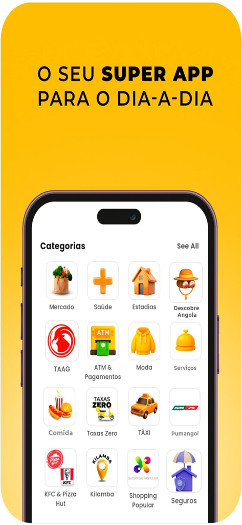 Tupuca+ Delivery, Taxi & Pay - Main menu of the Tupuca+ super app showing various service icons including food delivery, taxi, and digital payments