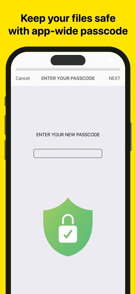 Mobile App-Bildschirm, der die Passcode-Sperrfunktion mit einem grünen Sicherheitsschild-Symbol zum Schutz von Dateien zeigt