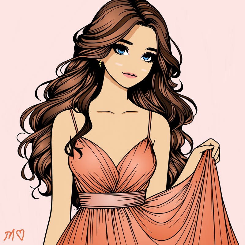 realistic girl in flowy silky prom dress