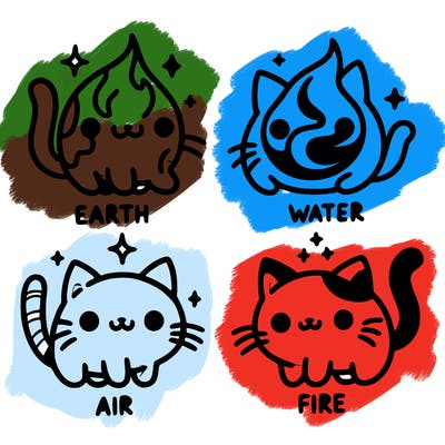 4 cats that represent the different elements, earth, water, air, and fire