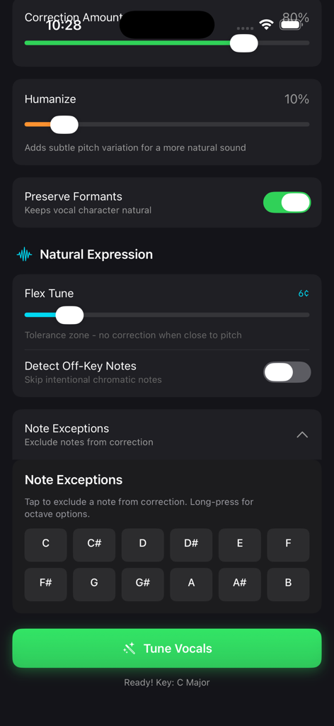 VocalTune 앱 음정 보정 및 인간화 설정 화면