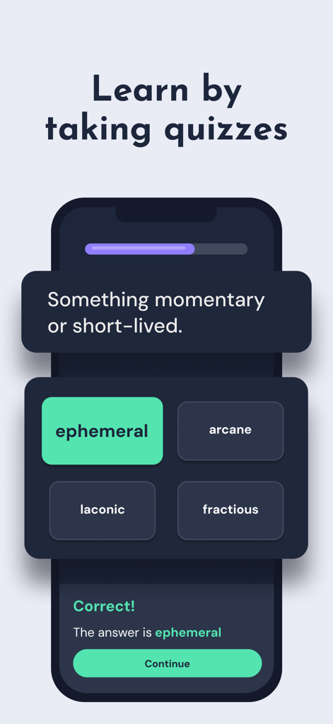 Mobile screen showing a vocabulary quiz in the nodu app where the user correctly identified the word ephemeral.