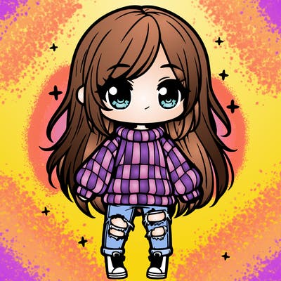 chibi girl with ripped jeans,long hair, and an oversized sweater