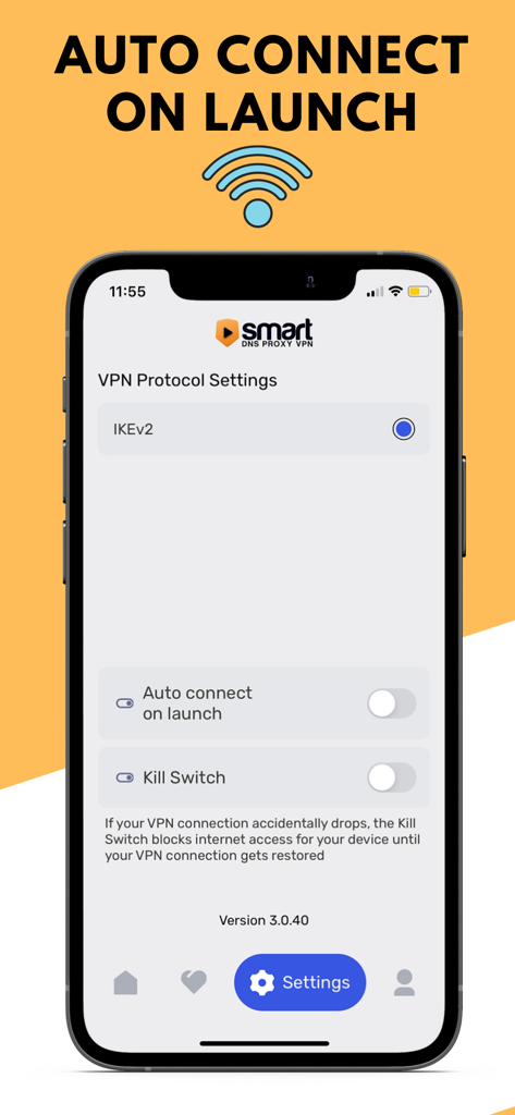 Smart DNS Proxy VPN app settings screen featuring auto connect on launch and kill switch options.