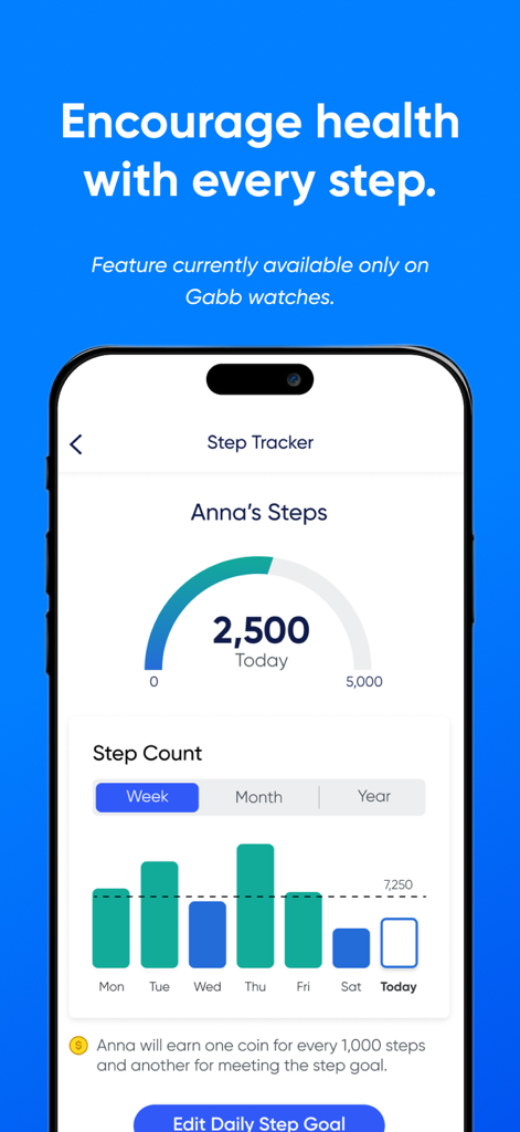 MyGabb app interface displaying a child's daily step tracker and weekly activity history