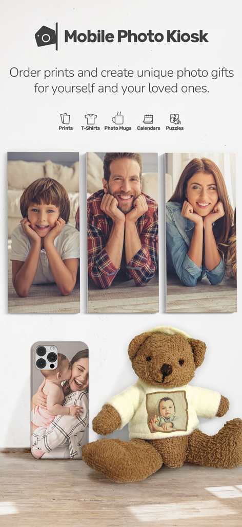 Mobile Photo Kiosk app interface showing personalized photo gifts including canvas prints a phone case and a photo teddy bear