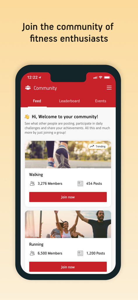 Activ Health - ウォーキングやランニングのフィットネスグループがあるActiv Healthアプリのコミュニティインターフェース
