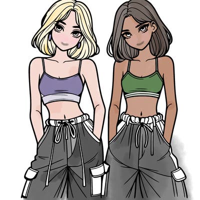two girls with crop top with baggy pants