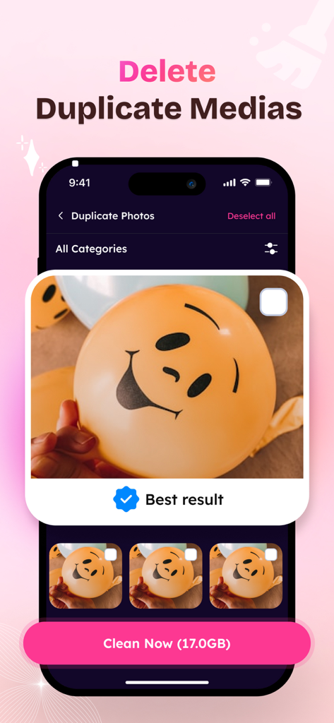 Screen showing duplicate photo detection and cleaning in the Smart Cleaner app.