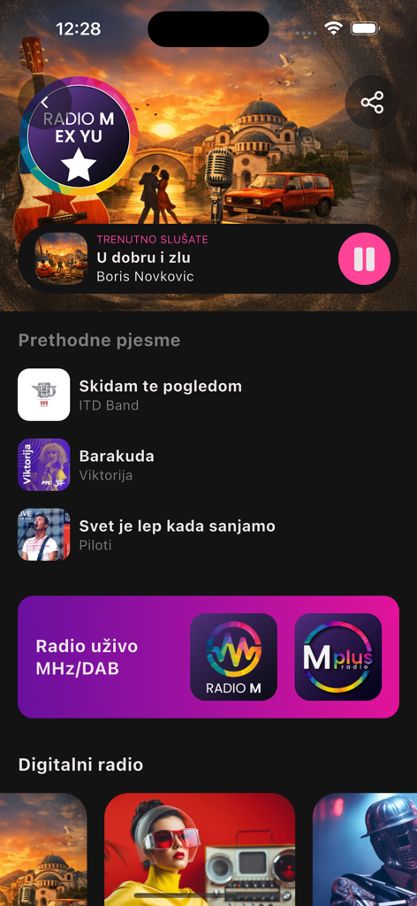 Radio M - Radio M music player interface displaying Bosnian and regional hits with digital radio channels
