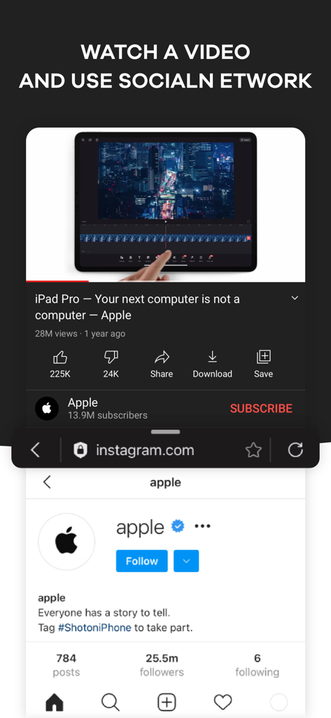 Split Screen - Multitasking - Interfaz de pantalla dividida que muestra un video de YouTube en la parte superior y un perfil de Instagram en la inferior