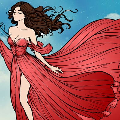 realistic woman in dress flowing the the wind