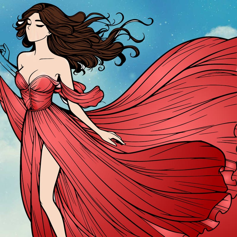 realistic woman in dress flowing the the wind