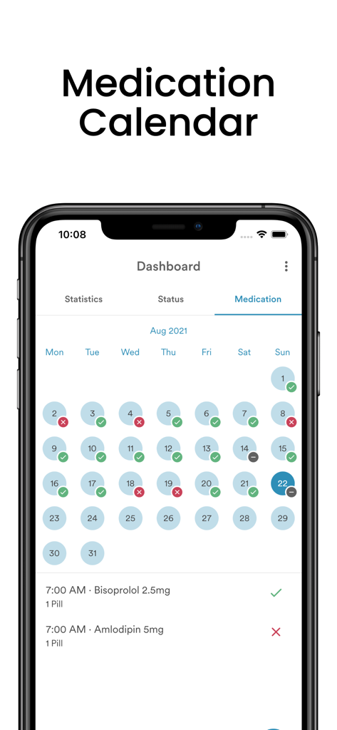 Blood Pressure Monitor: AVAX - Calendario de medicamentos en la aplicación AVAX que muestra el seguimiento diario de pastillas para el control de la hipertensión.