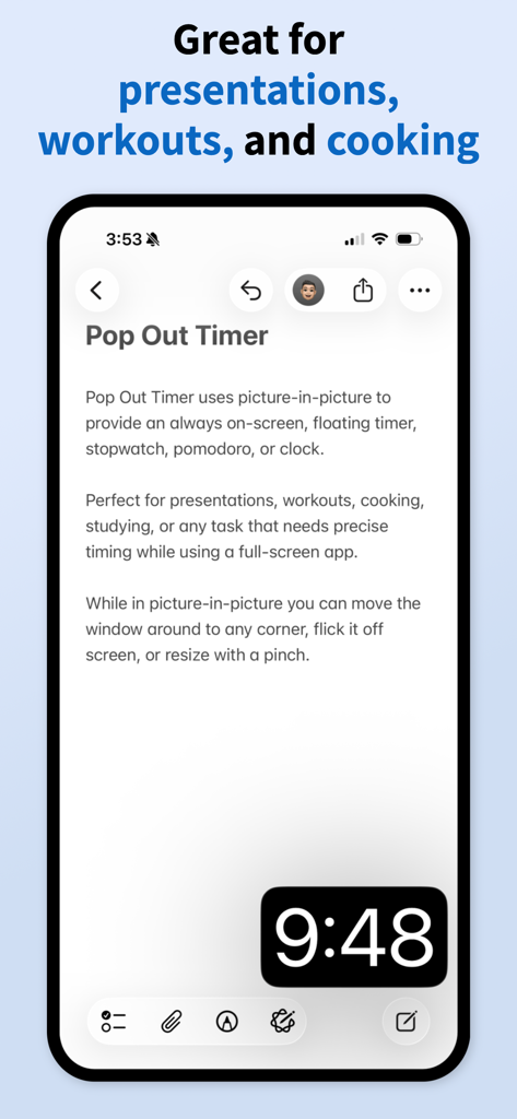An iPhone screen showing a floating picture-in-picture timer overlaying a productivity app.