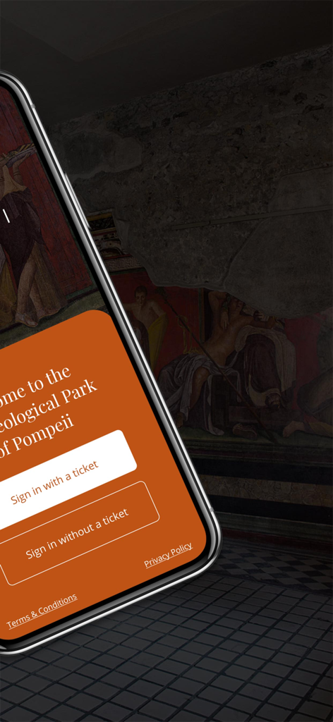 MyPompeii - Welcome screen of the MyPompeii app featuring sign in options and an ancient Roman fresco background.
