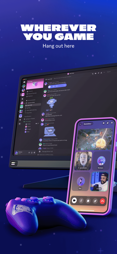 Aplicativo Discord em dispositivos móveis e de desktop com um controle de videogame