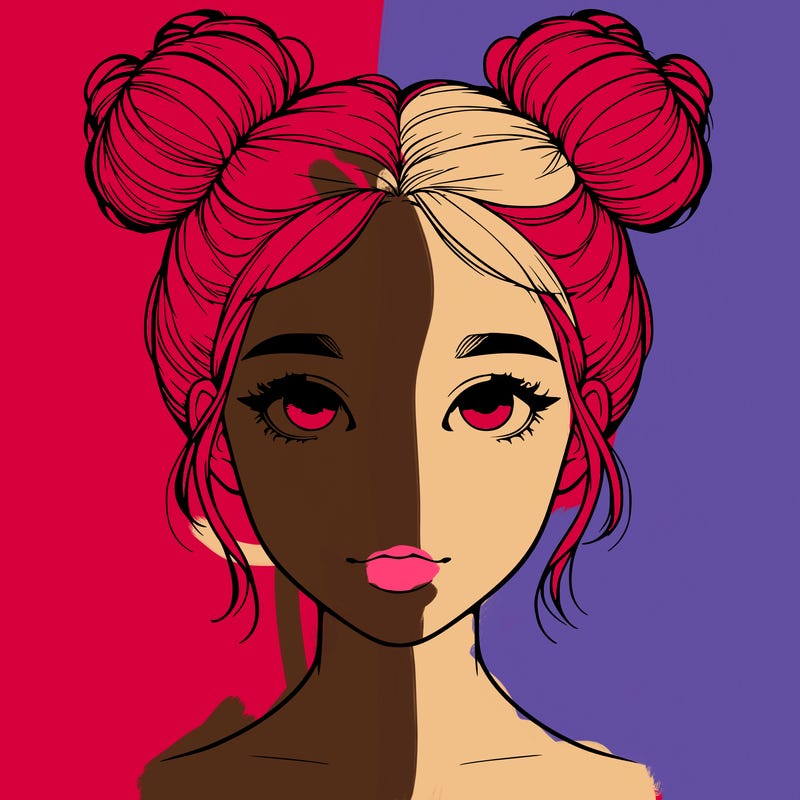 realistic girl with two buns on top of her head