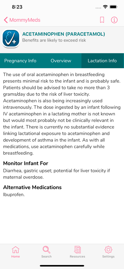 MommyMeds - MommyMeds app screen displaying detailed lactation safety information and infant monitoring tips for Acetaminophen.