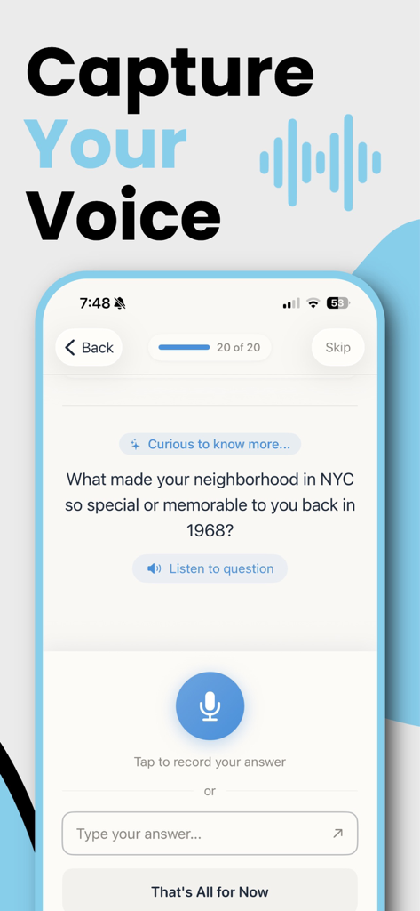 OverBiscuits - Interfaz de la aplicación OverBiscuits que muestra un botón de grabación de voz y una indicación de narración sobre recuerdos de la ciudad de Nueva York