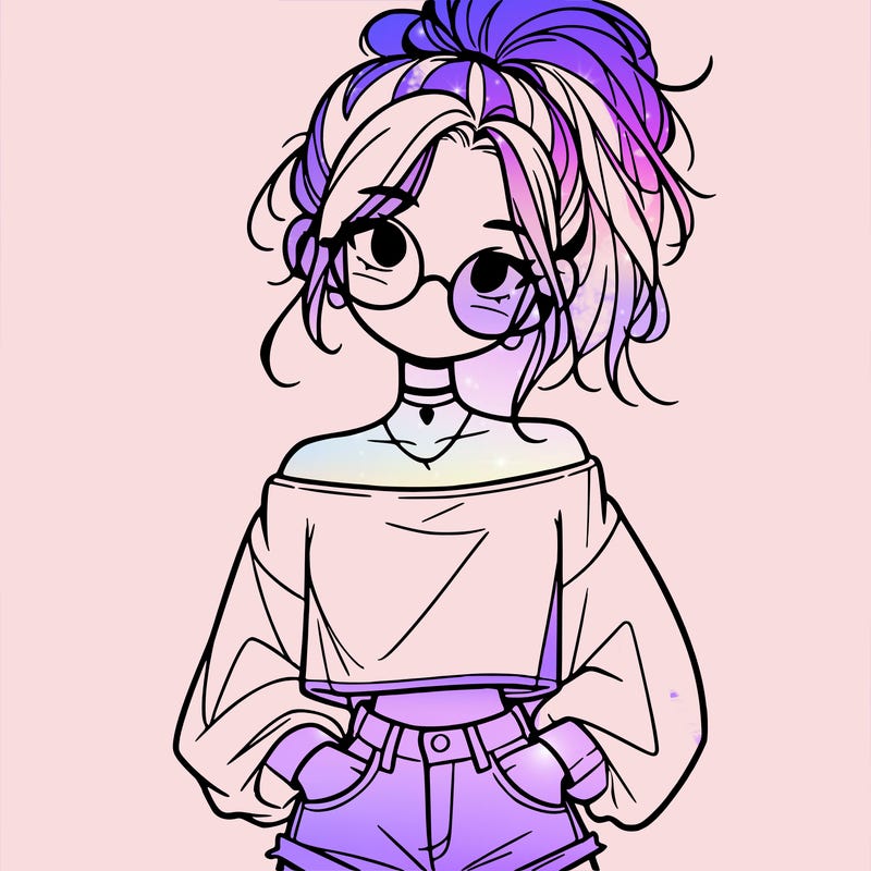 girl with a messy ponytail glasses a baggy crop top and jean shorts