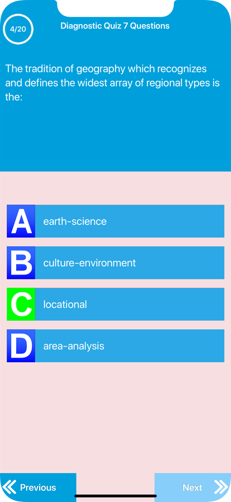 Science : Learn Geography - Science Learn Geography app diagnostic quiz question screen with multiple choice answers