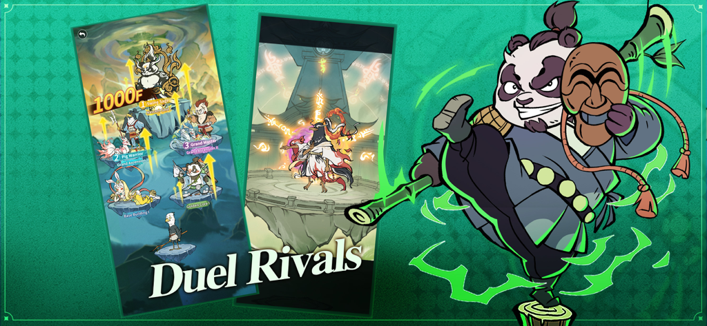 Nobody's Adventure Chop-Chop - Un panda de artes marciales está junto a capturas de pantalla del juego móvil que muestran niveles de personajes y rivales en duelos en Nobodys Adventure Chop-Chop.