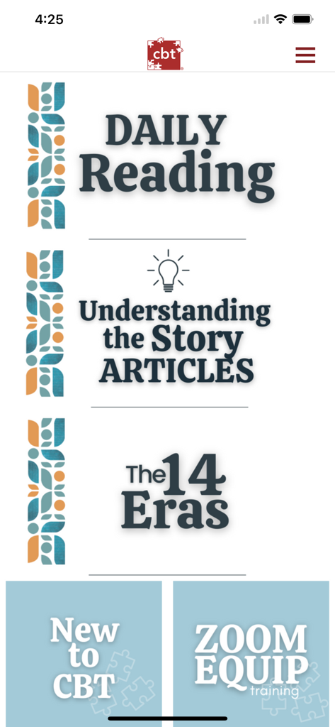 Chronological Bible Teaching - Main menu of the Chronological Bible Teaching app showing daily reading and study articles