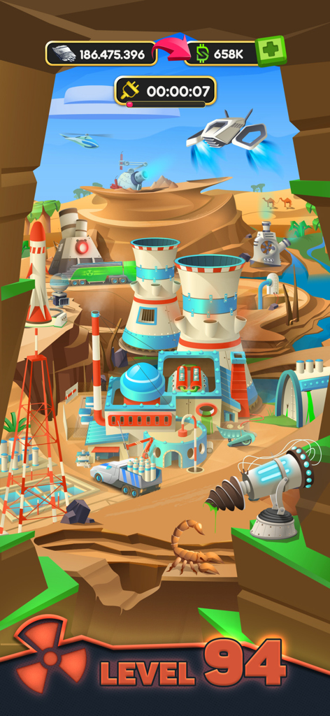 Nuclear Tycoon: Idle Reactor - An industrial nuclear power plant base in a desert landscape at level 94 with cooling towers and futuristic machinery.