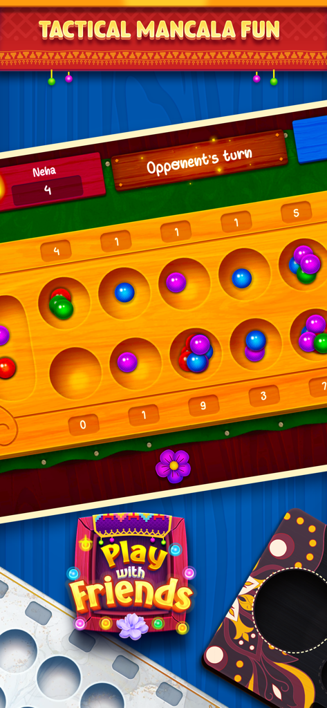 Tactical mancala gameplay on a wooden board with colorful pebbles and play with friends button