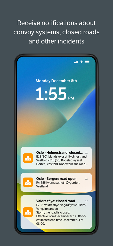 Écran de verrouillage du smartphone affichant les notifications de fermeture de route et d'état du trafic de l'application Vegvesen trafikk.