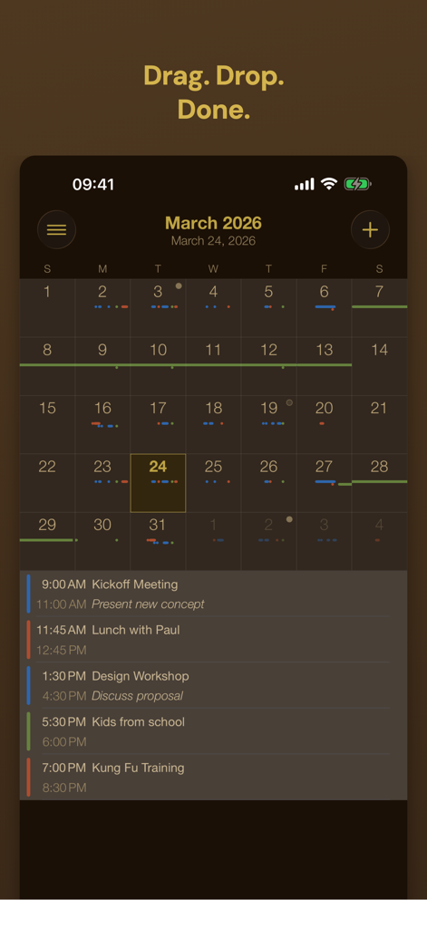 Appoint - Smart Calendar - Vista de cuadrícula mensual del calendario inteligente Appoint con función de arrastrar y soltar en un tema oscuro minimalista