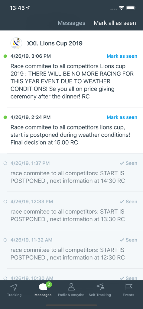 Centro de mensajes de la aplicación KWINDOO que muestra actualizaciones del comité de regatas