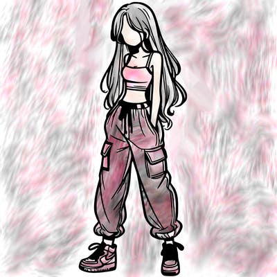 girl in baggy pants crop top and long hair