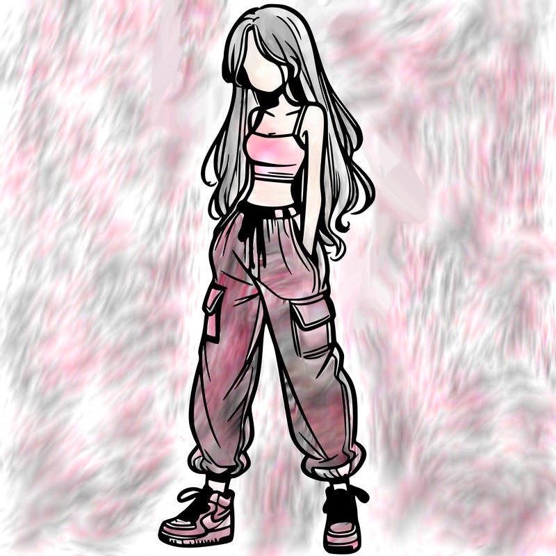 girl in baggy pants crop top and long hair
