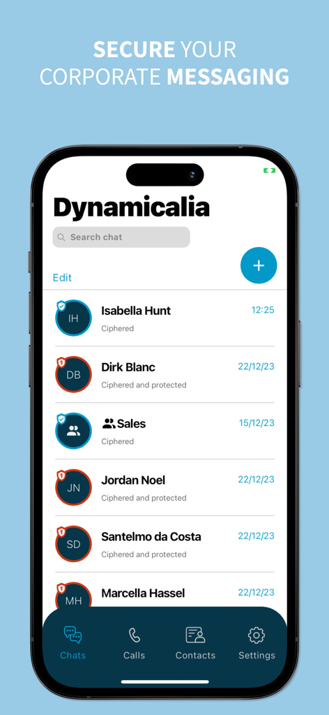 KSE Kripteria mobile app interface showing a list of secure and ciphered corporate chat messages