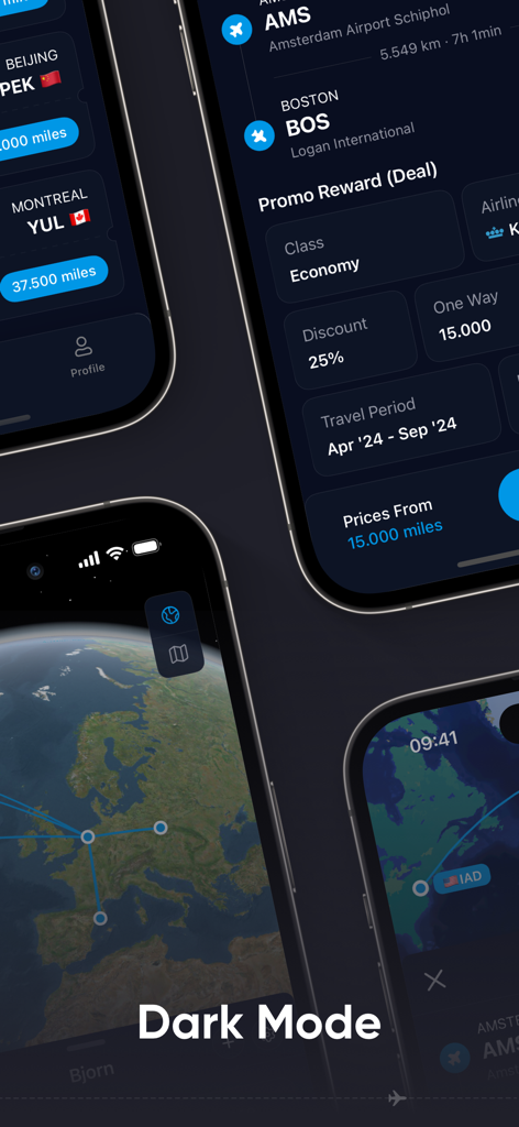 Interfaz en modo oscuro de la aplicación de recompensas Flying Blue que muestra ofertas de vuelos y mapeo de rutas globales