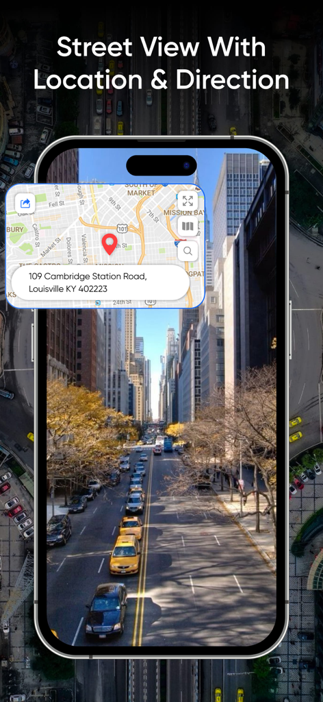 Street View Live 360 Map View - Smartphone screen showing a 360 degree street view navigation with a map overlay and location details