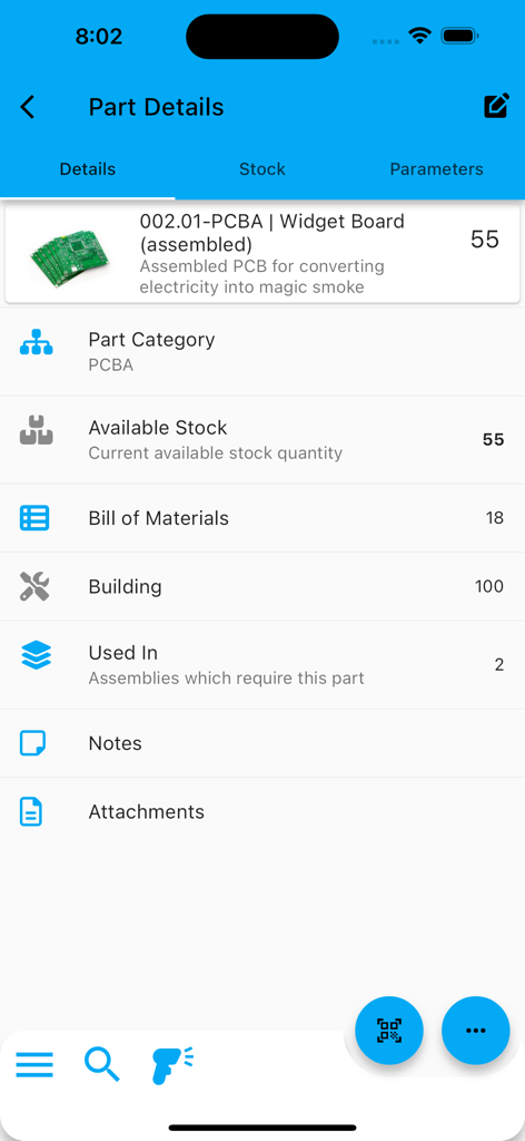 InvenTree-App-Oberfläche mit detaillierten Inventarinformationen für eine PCBA-Widget-Platine, einschließlich Lagerbeständen und Kategorie