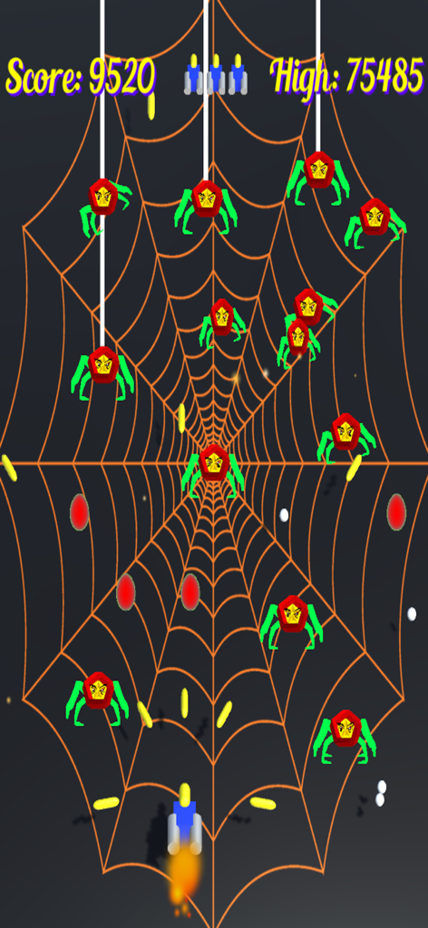 Arachnoids Pro - Gameplay in stile retrò di Arachnoids Pro che mostra un'astronave sparare contro ragni alieni verdi su uno sfondo di ragnatela arancione.