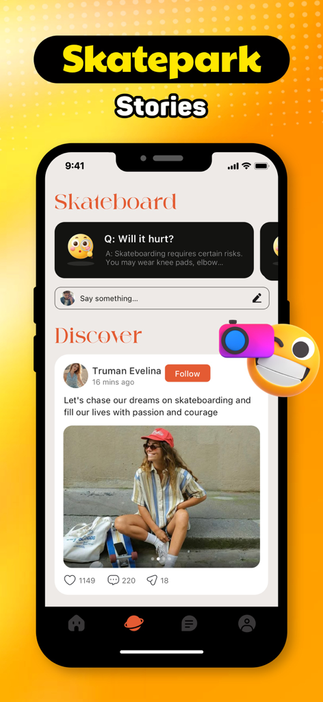 Tinkle: Video Chat, Live, Meet - Una interfaz de aplicación móvil para Tinkle que muestra 'Skatepark Stories' y un feed 'Discover' con publicaciones de skateboarding.