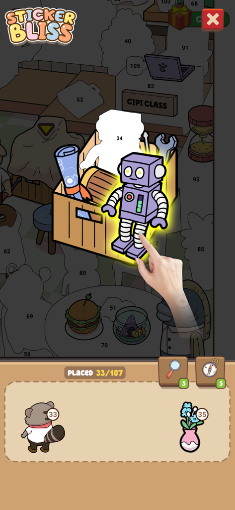 A hand placing a purple robot sticker onto a numbered background in the Sticker Bliss app