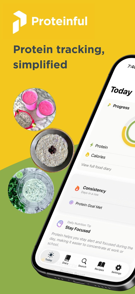 Proteinful 앱 대시보드가 스마트폰에 표시되어 단백질 진행 상황 링과 일일 영양 팁을 보여줍니다.