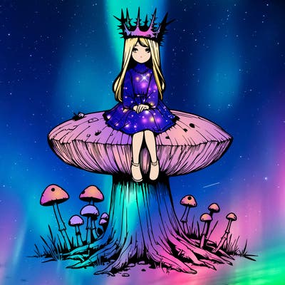 realistic girl sitting on a huge tree stump size toadstool with thorn crown